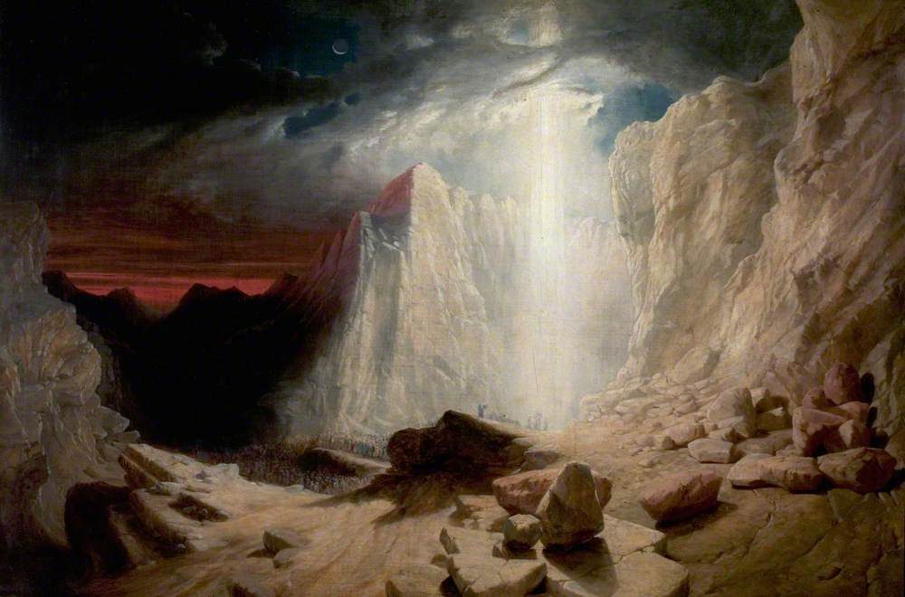 William West's painting of a column of white light falling from a break in dark storm clouds into a rocky gorge between pale cliffs, with a dark crowd of Israelites at the foot of the cliffs, a red glow over the mountains at the left and a crescent moon above