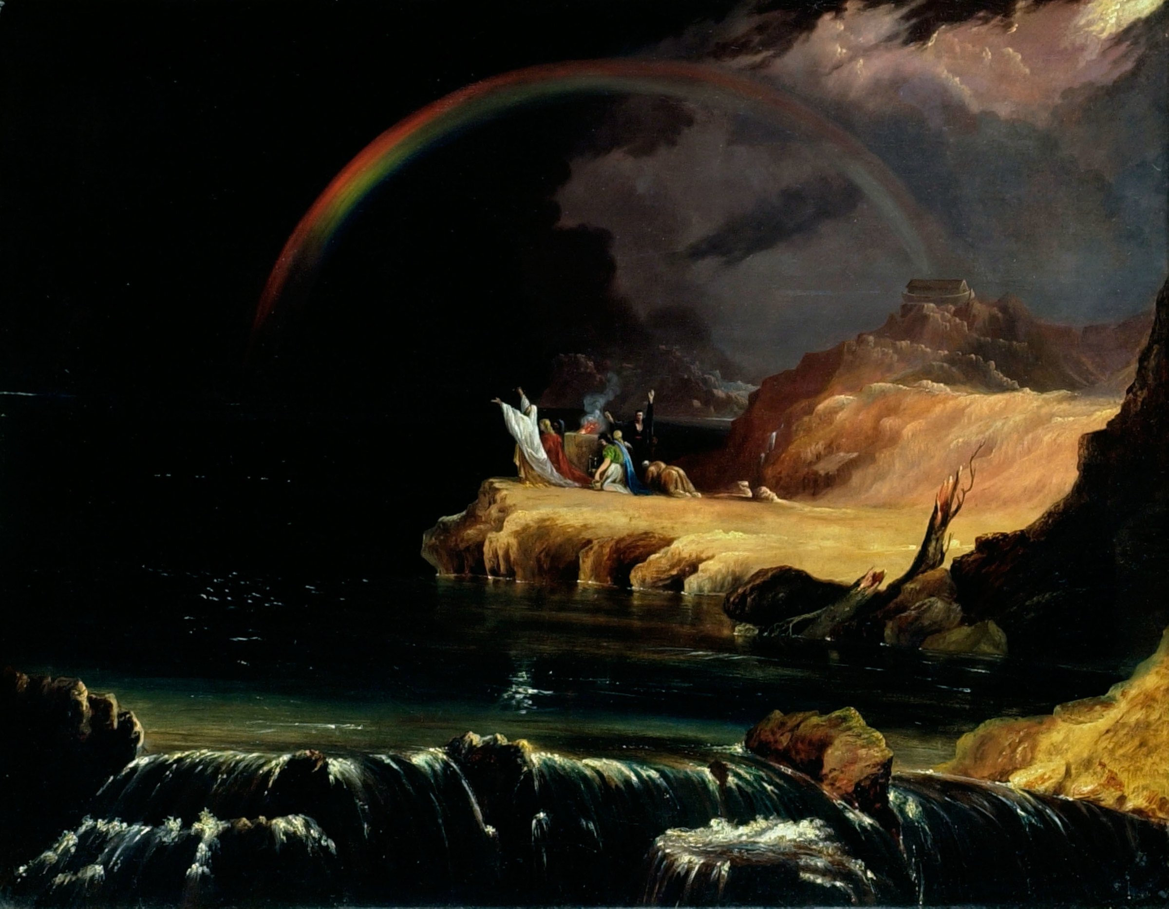 The Covenant: a rainbow over a dark sea and a sunlit ledge where a family worships at a smoking altar, with the ark on a mountain behind