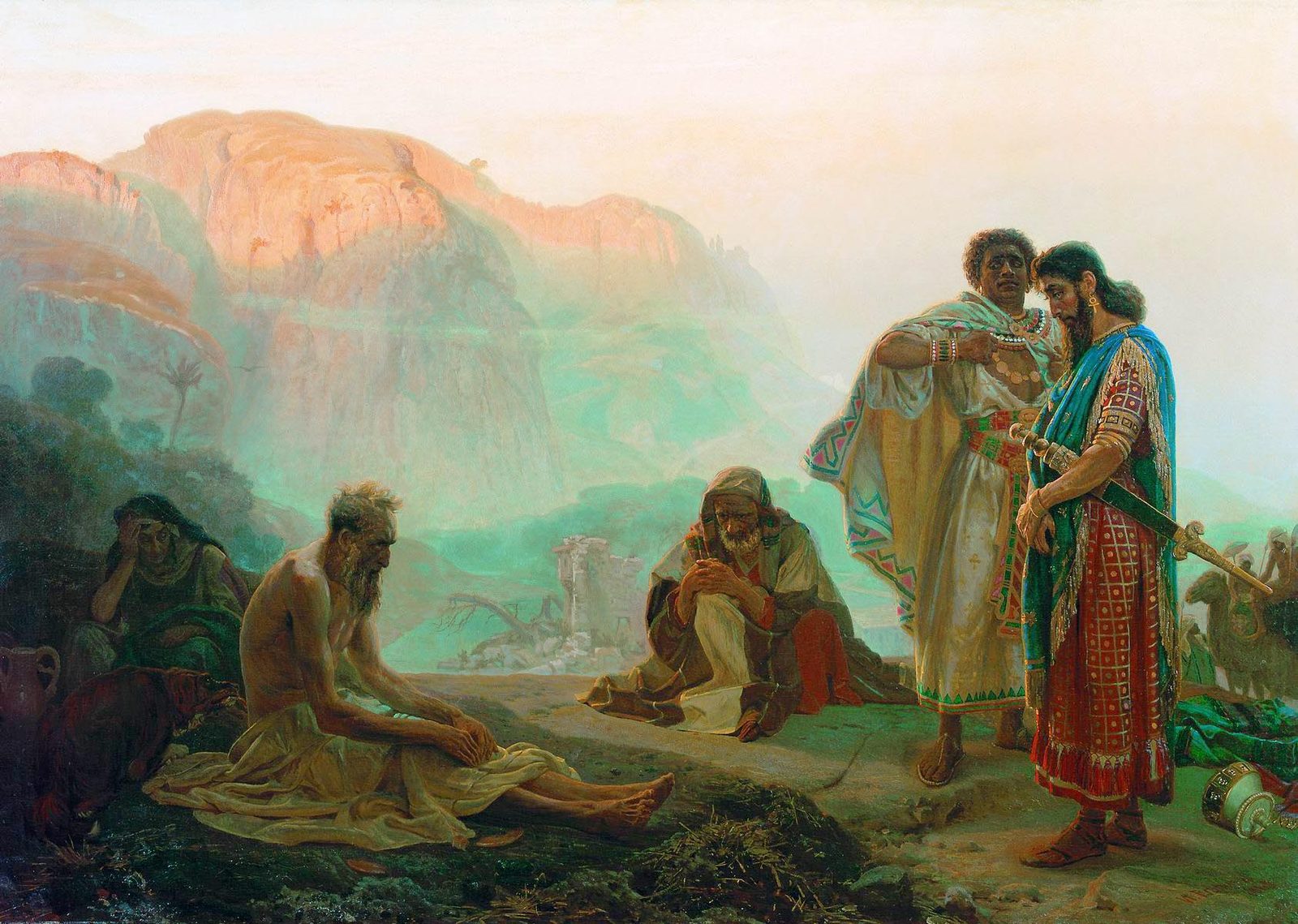 Job sits bare to the waist on the ground with his wife behind him, her head in her hand; one friend sits facing him and two richly dressed friends stand over him, with mountains behind