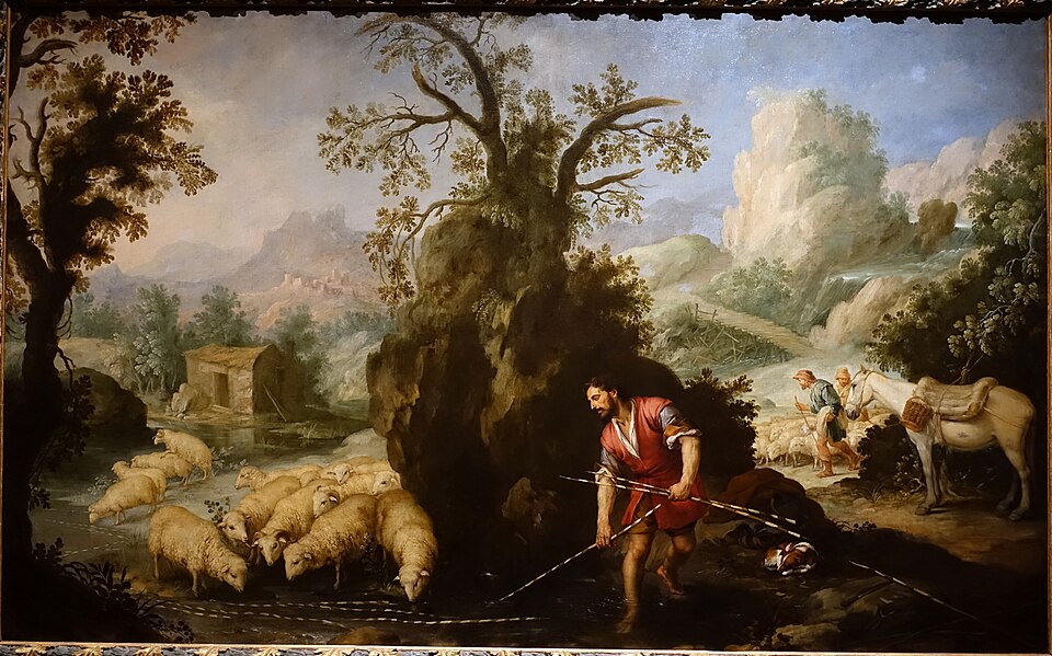 Murillo, Jacob Laying Peeled Rods before the Flocks of Laban: Jacob in a stream with striped branches