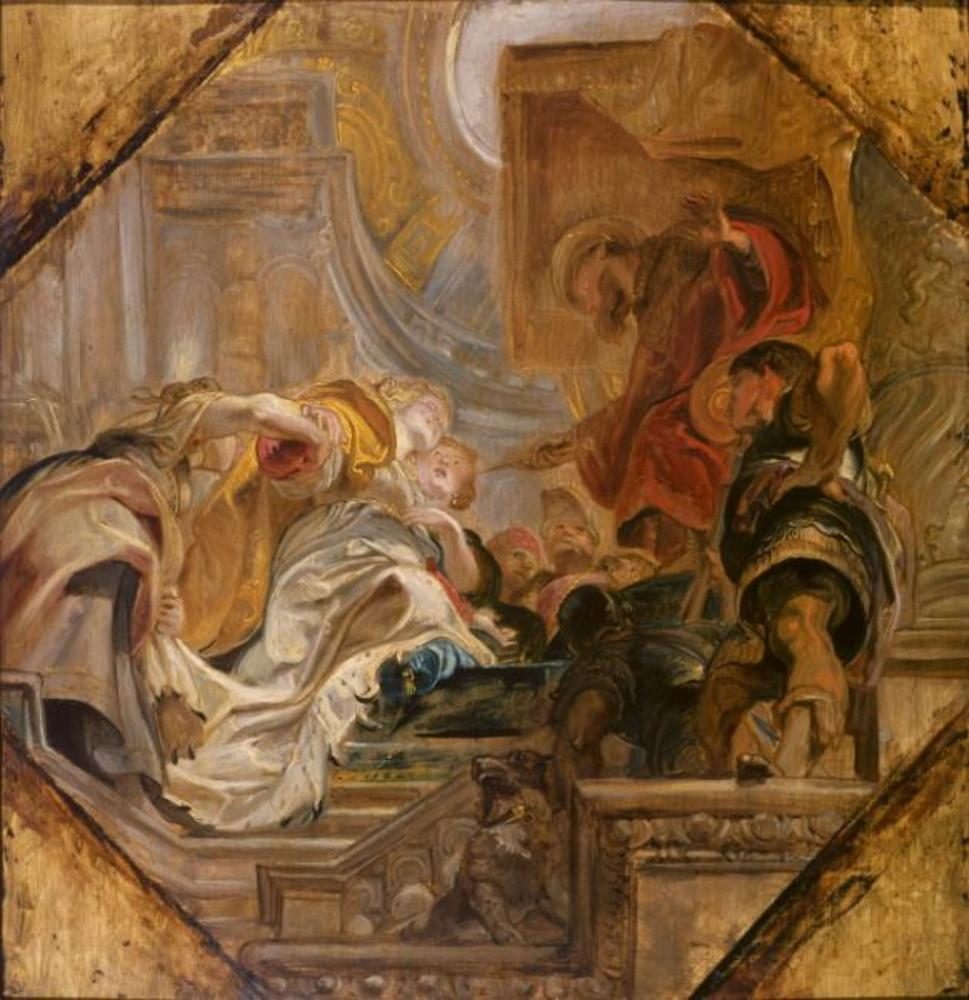 Ahasuerus Holds Out His Golden Sceptre to Esther: a crowned king in red leans from his seat and holds a gold rod toward a fainting queen held by her maids