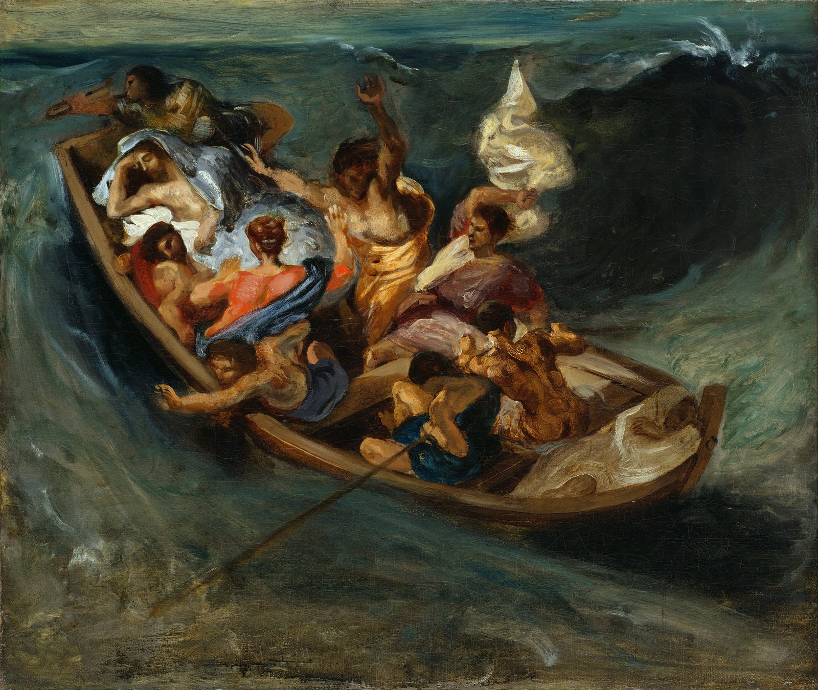 Christ on the Sea of Galilee: a boat in green waves, Christ asleep at the left and the disciples crying out