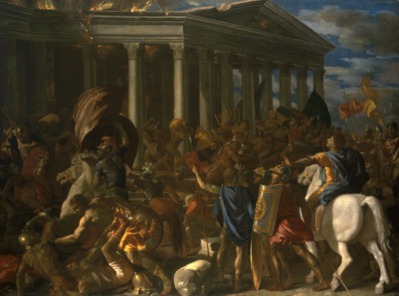 Roman soldiers carry the seven-branched lampstand out of a burning temple portico while a commander on a white horse looks on and men fall on the steps
