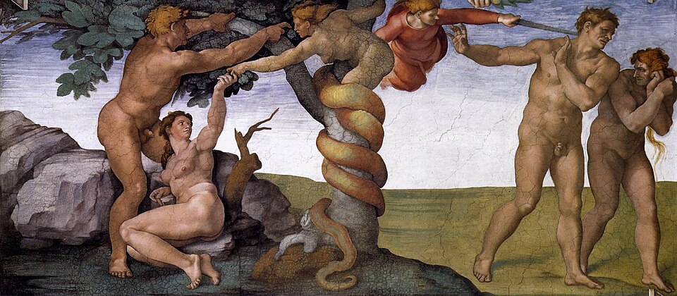 Michelangelo, The Fall and Expulsion from the Garden of Eden, with the serpent coiled around the tree