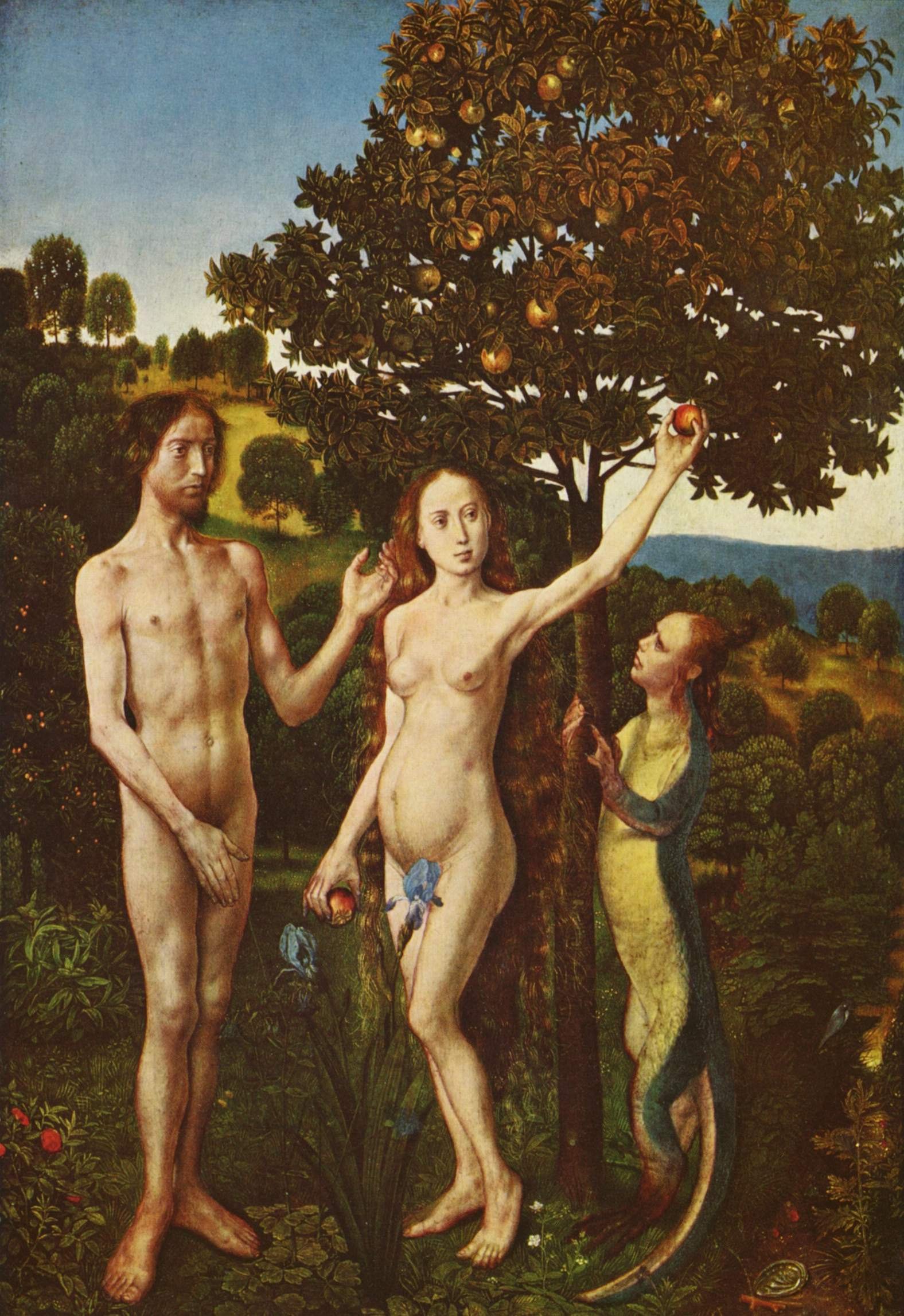 The Fall by Hugo van der Goes: Adam and Eve under a fruit tree, Eve reaching for a fruit, and an upright serpent with a human head beside the trunk