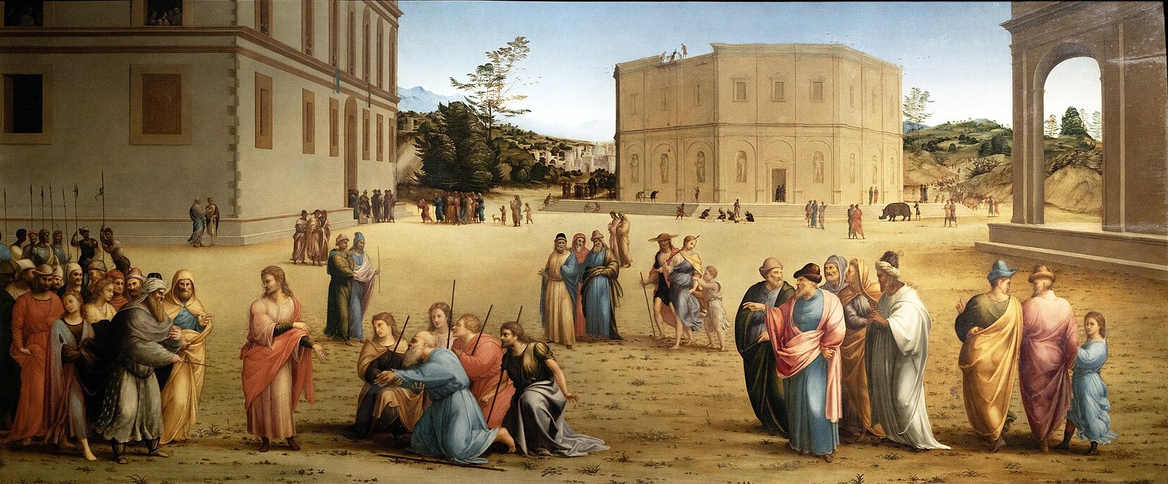 In a wide sunlit square between two palaces, a young man in a red cloak stands beside a crowd of courtiers and spearmen, while an old man in blue kneels in the middle of the square as younger men with staffs embrace him, and bearded men in long robes stand in groups to the right