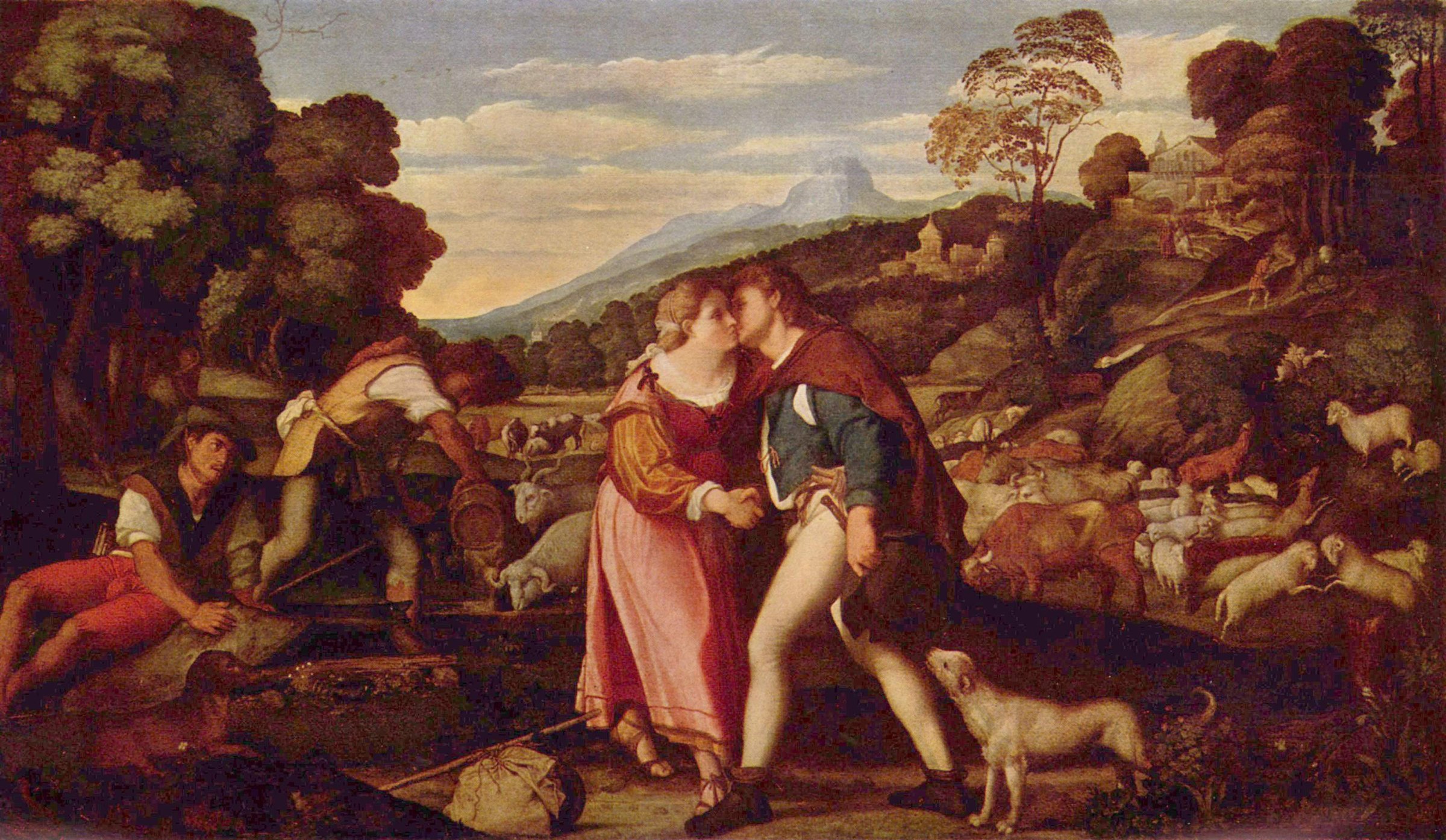 Jacob and Rachel by Palma Vecchio: the couple embracing in a field, shepherds at a trough on the left, a flock of sheep and goats on the right