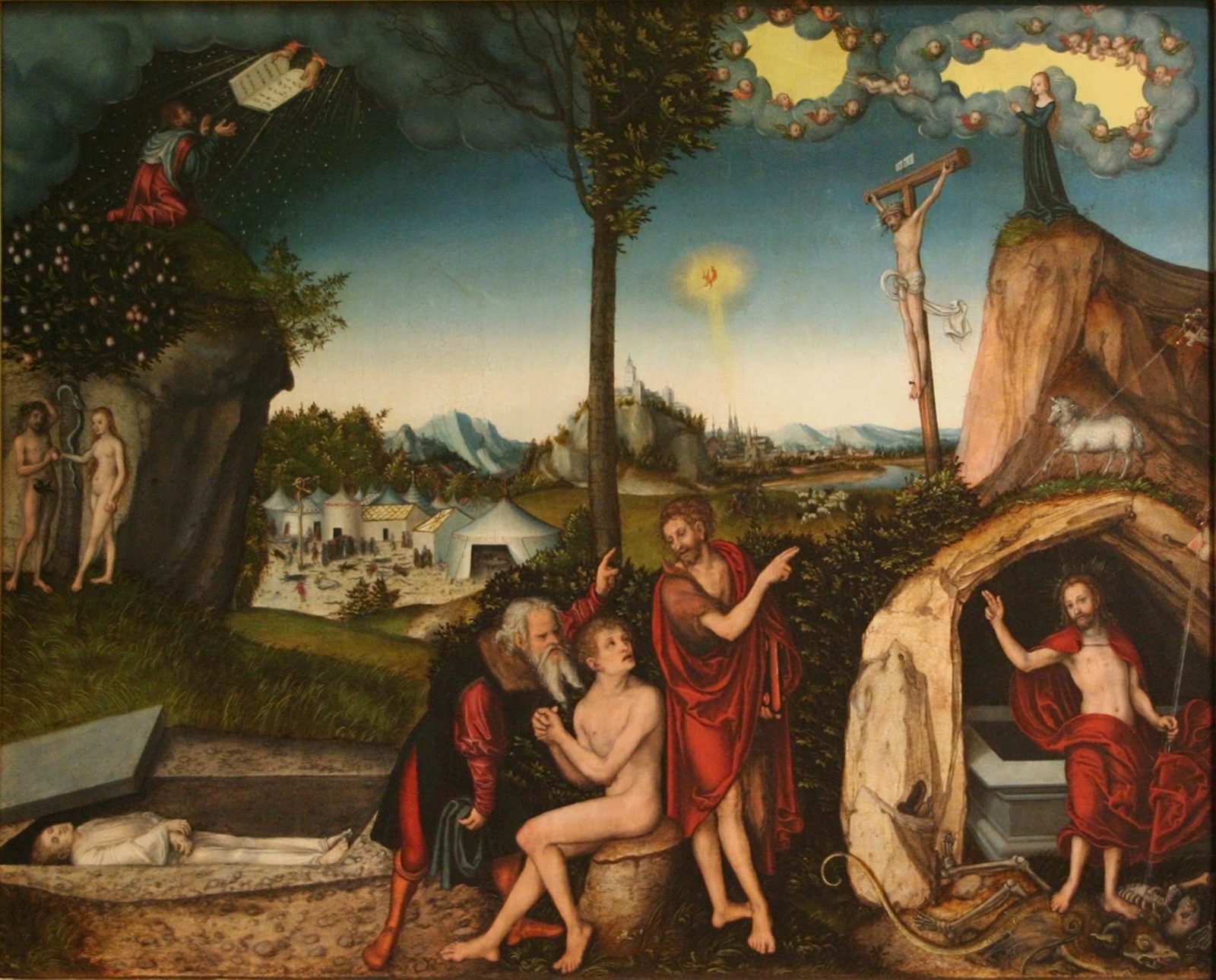 Cranach's panel divided by a tree, bare on the left and green on the right. On the left Moses receives the Law and a dead man lies in his grave; on the right a prophet and John the Baptist point a seated man to Christ on the cross.
