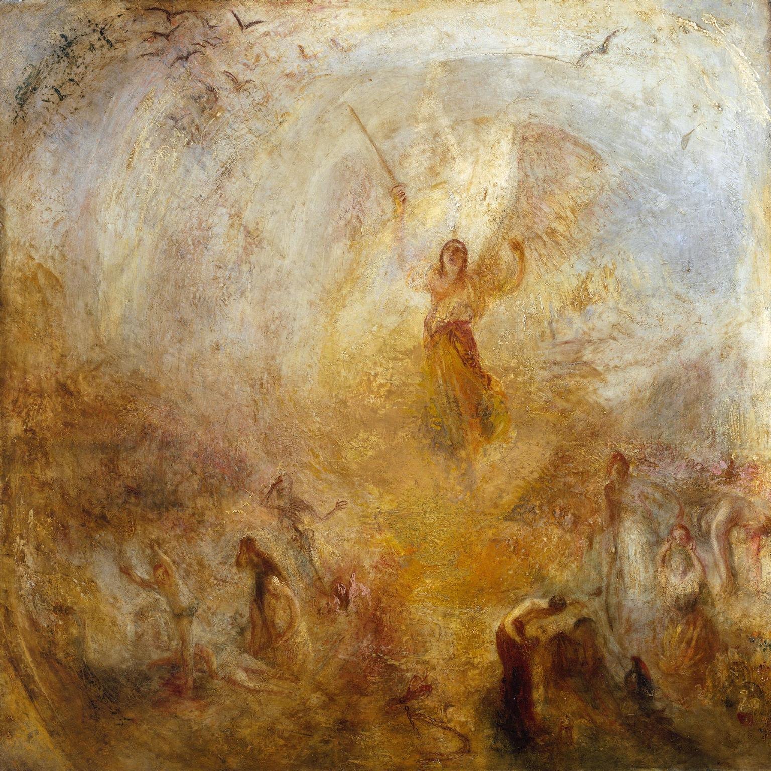 Turner's Angel Standing in the Sun: a winged figure with a raised sword in a blaze of golden light, birds overhead, figures in the haze below