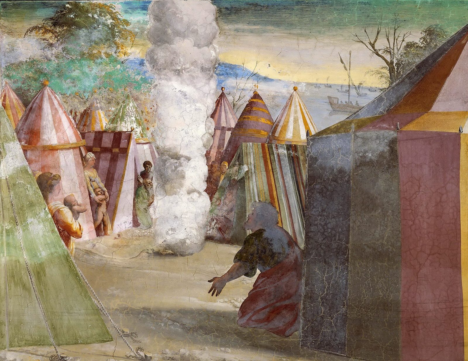 A camp of peaked, striped tents with a tall white column of cloud standing on the ground among them. An old man in a red robe kneels beside a large dark tent at the right and stretches his arms toward the cloud, and at the left a woman holding a child and other people stand and kneel at the doors of their tents. A bay with ships lies beyond the camp.