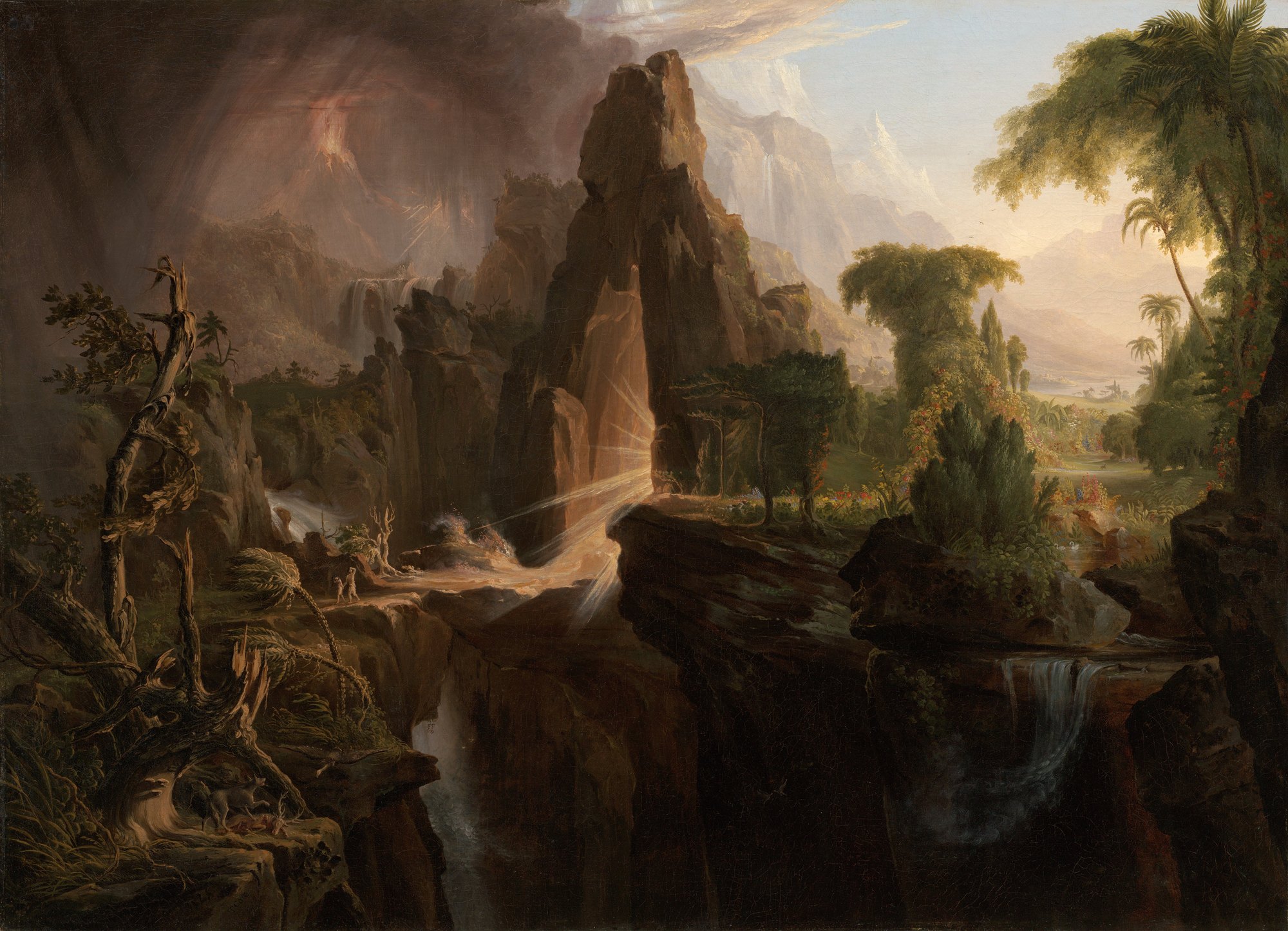 Light pouring from a rock gate between a sunlit garden and a stormy land, with two small figures leaving