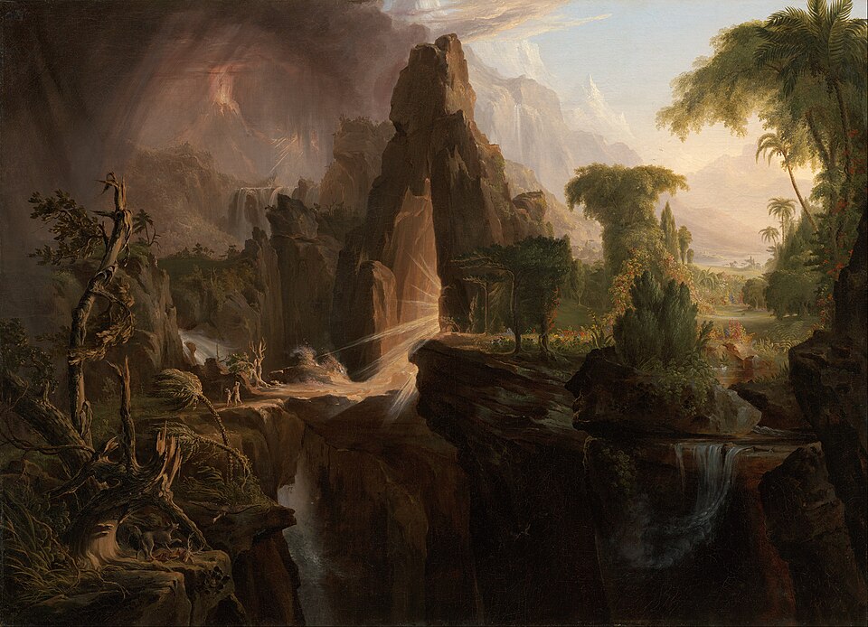 Thomas Cole, Expulsion from the Garden of Eden: light pours from a rock gate between a sunlit garden and a land of storm