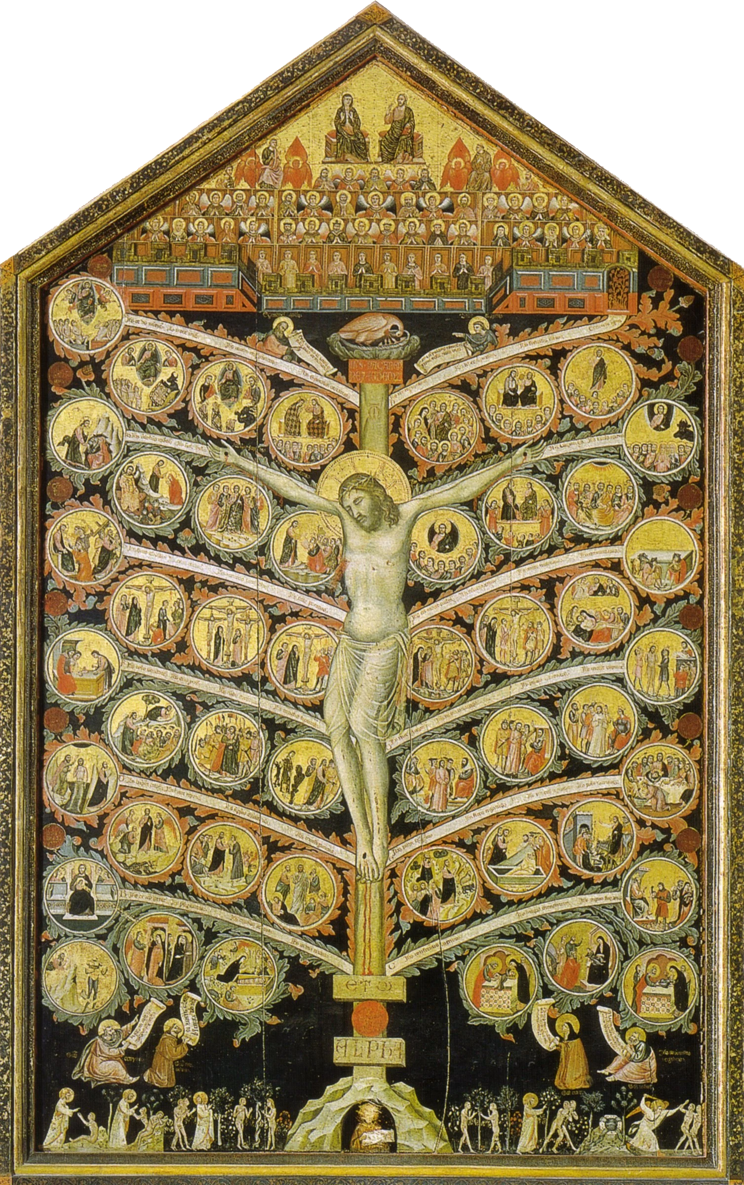 Pacino di Bonaguida's Tree of Life: Christ on a cross that grows as a tree with twelve branches of round scenes, heaven in the gable above and Adam and Eve at the foot