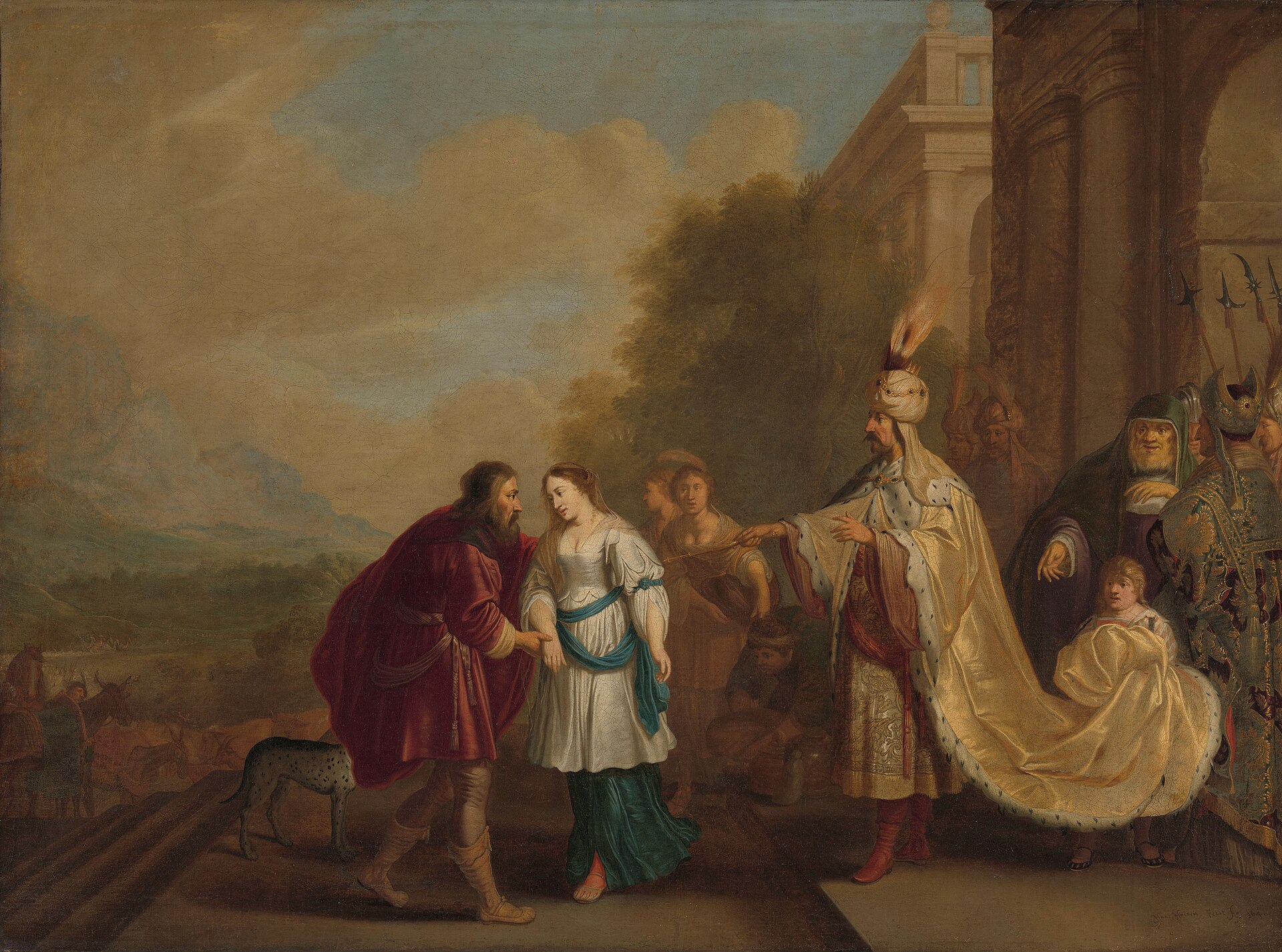 On the terrace before a palace, a king in a plumed white turban and a gold ermine-lined cloak, its train held by a child, stretches out his hand toward a bearded man in a red cloak who leads a young woman in white and green away by the wrist; guards with halberds and courtiers stand behind the king, a spotted dog walks at the man's heels, and herds and riders cross the plain at the left.