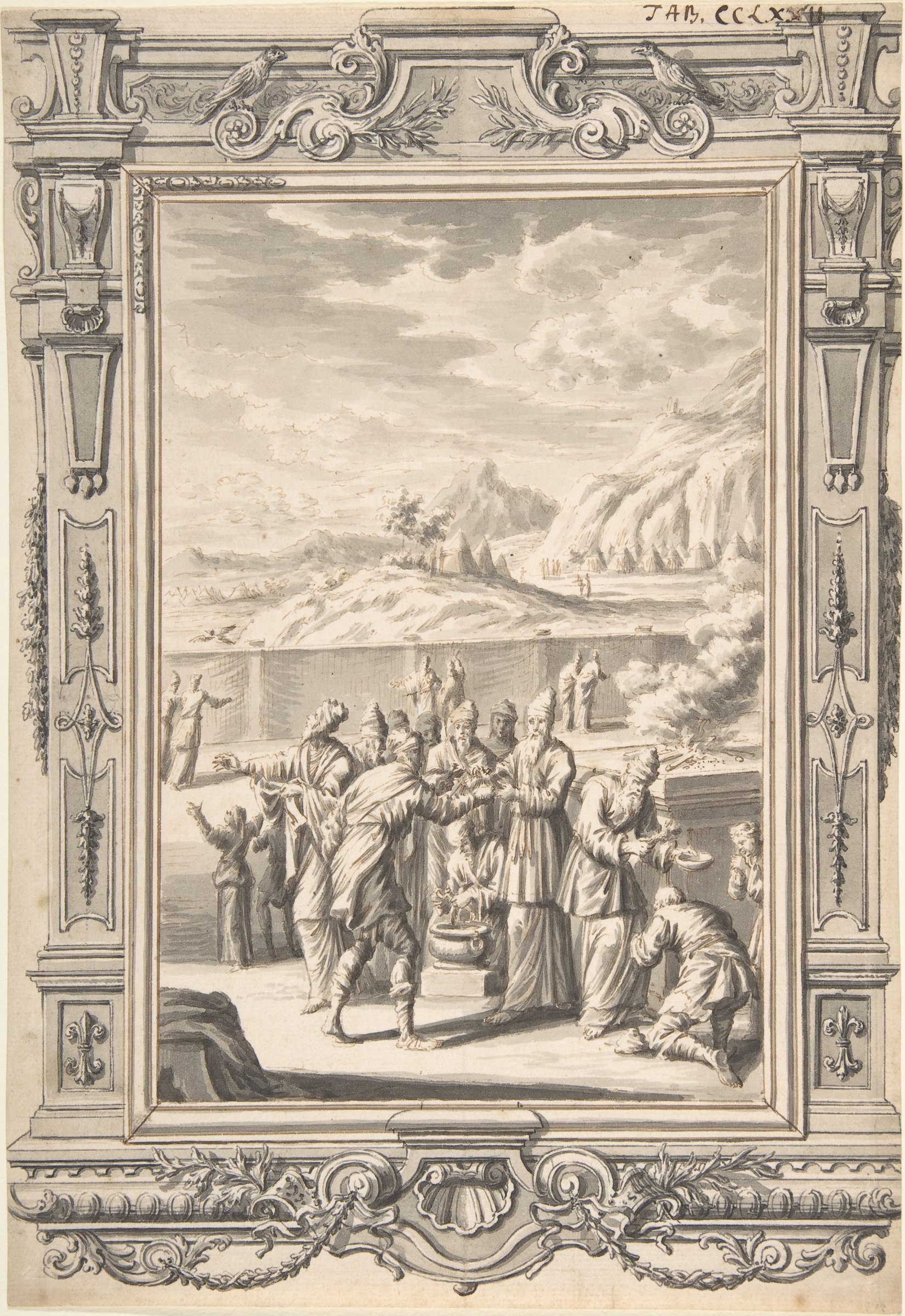 A gray drawing inside an ornamental frame: a crowd of men in tall caps beside a low wall, one handing birds to a bearded priest, a man dipping into a round pot on a stand, a priest with a bowl and a bundle bending over a kneeling man, a bird flying away over the field, and tents on the hills behind.