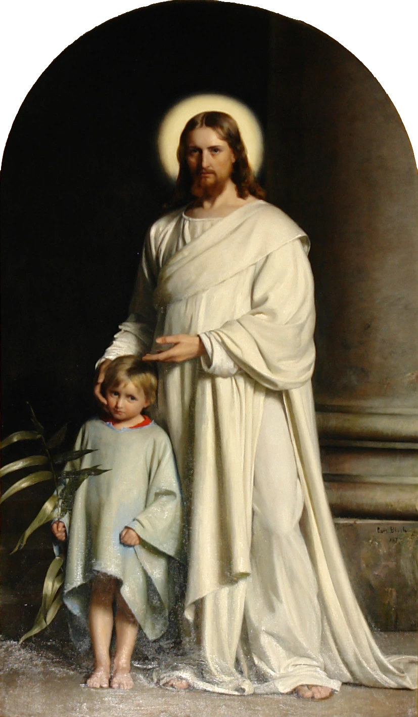 A painting of Jesus standing full length in a white robe, His hand resting on the head of a small child in a pale tunic who holds a palm branch, against a dark wall and a stone column.