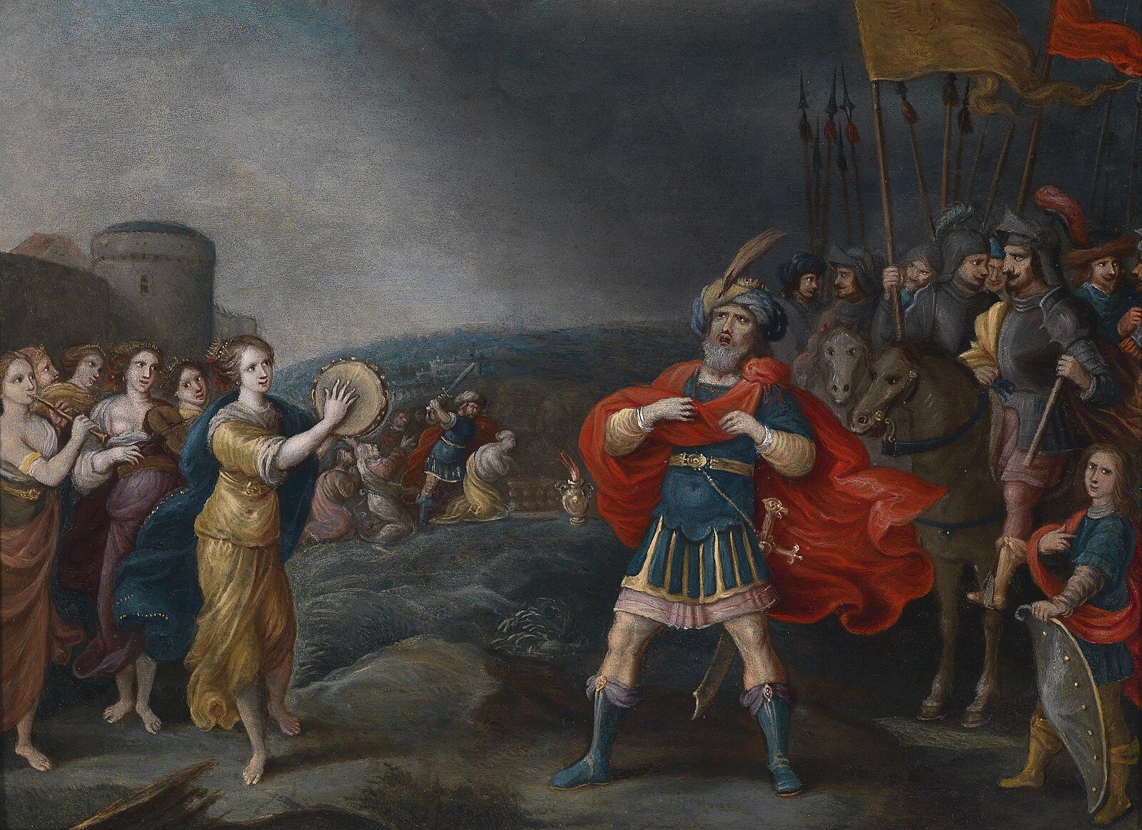 Jephthah in armour and a red cloak clutches his garment before his soldiers and their banners, while his daughter in a yellow gown comes toward him with a tambourine, followed by women playing a flute and a violin.