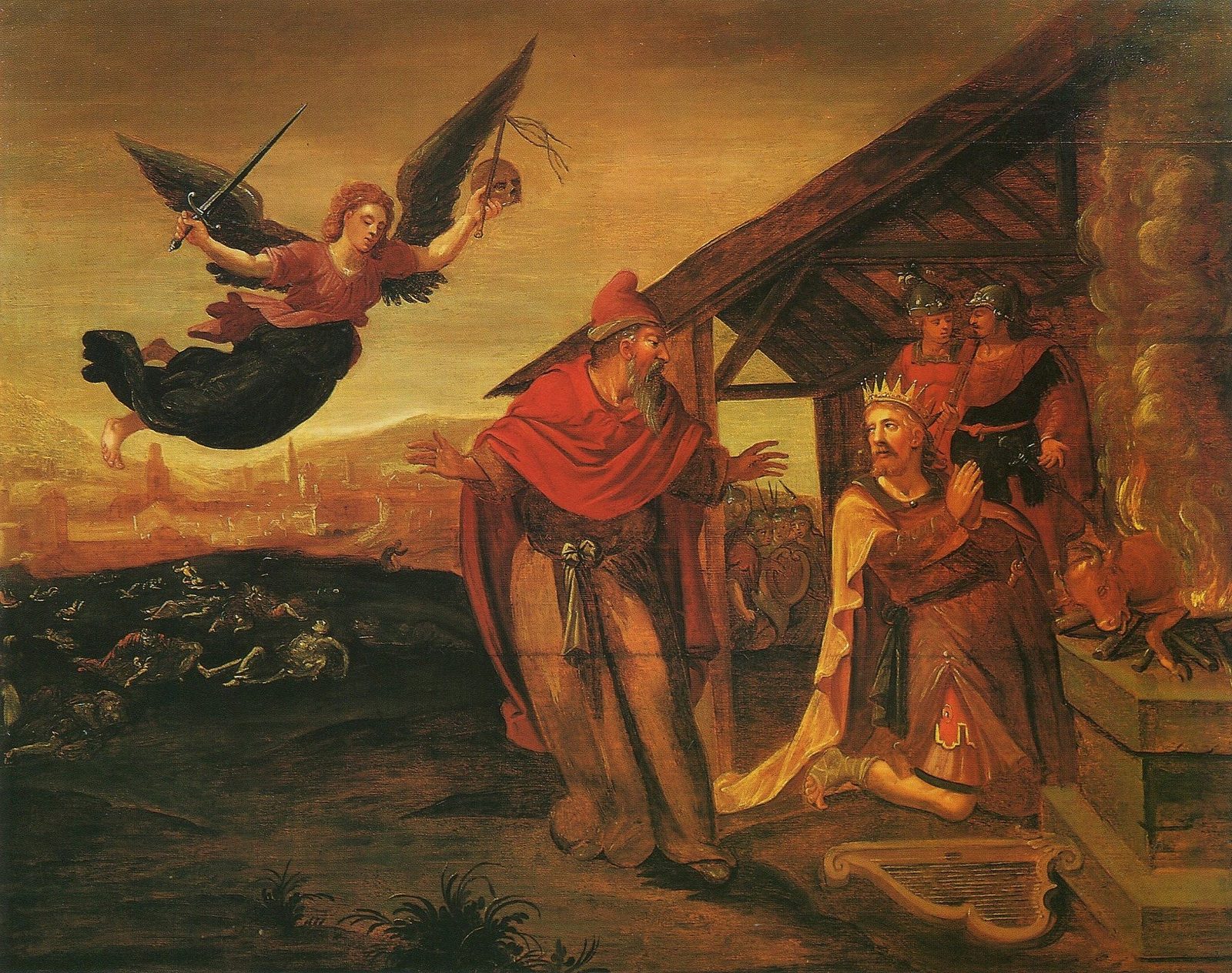 An angel with a raised sword flies over a city and a field of the dead, while a crowned king kneels at a burning altar beside an old man in a red cloak