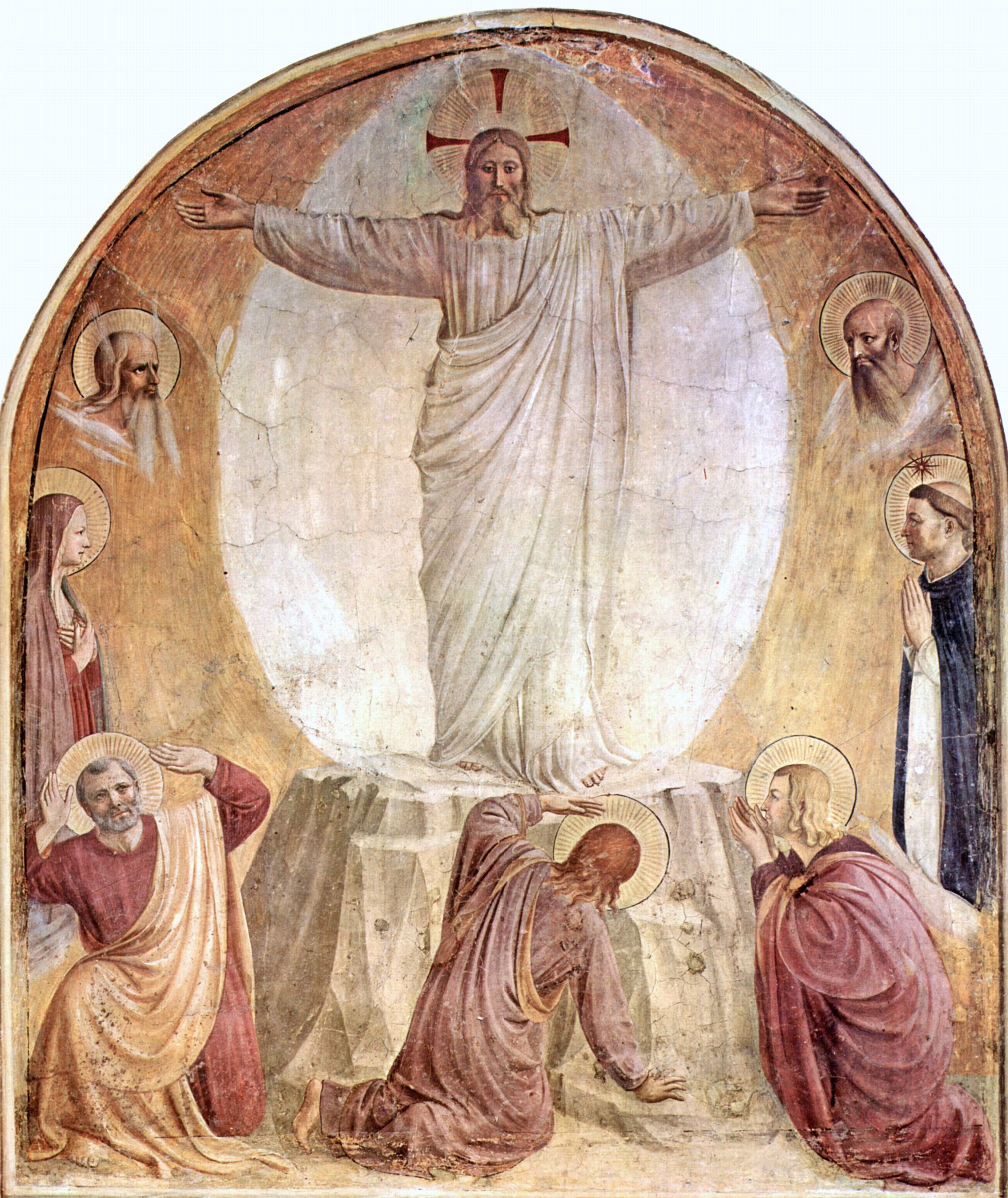 The Transfiguration by Fra Angelico: Christ in white with arms spread inside an oval of light, two heads in the gold at either side, three disciples fallen below
