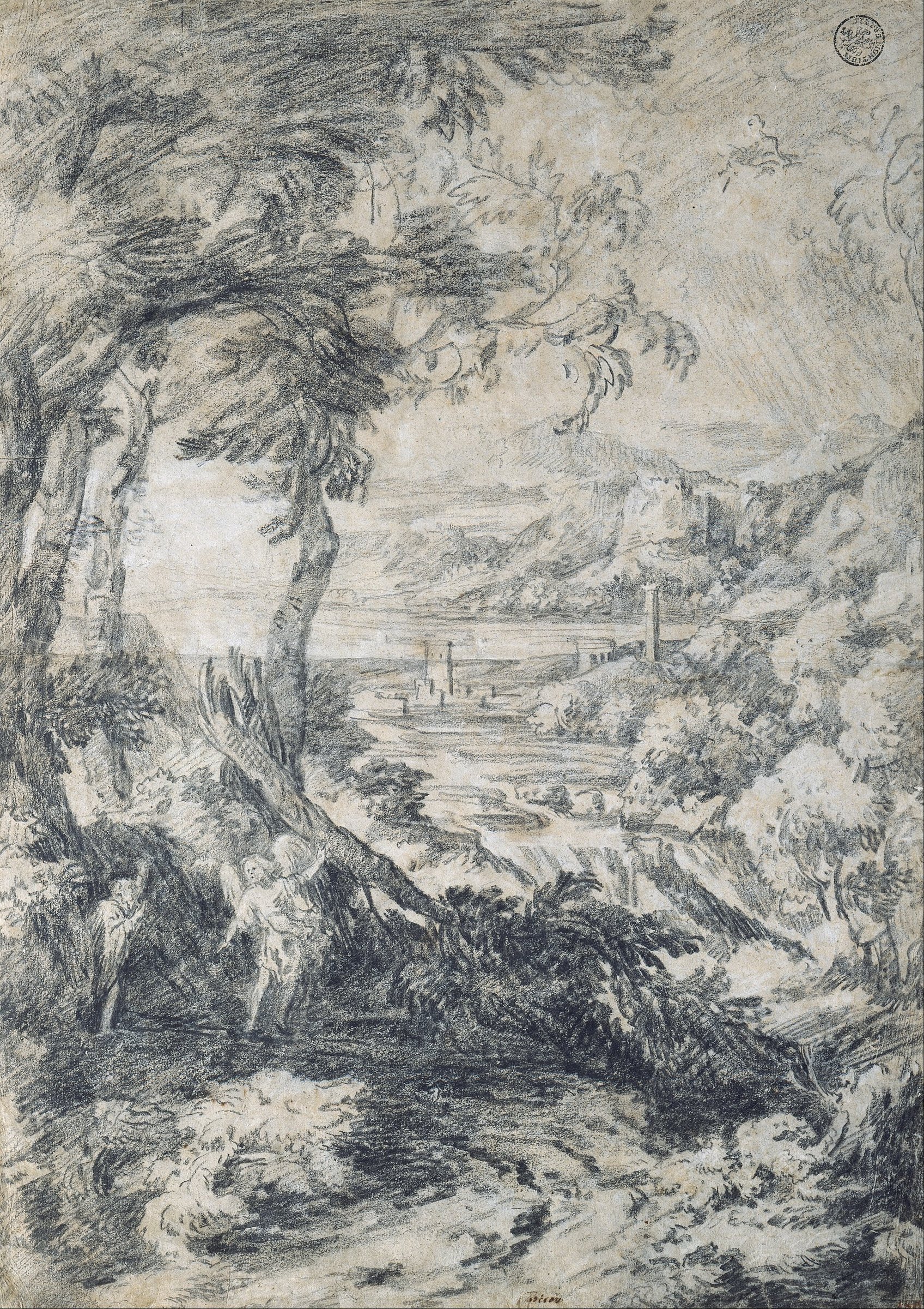 Gaspard Dughet's drawing of Elijah and the angel on Mount Horeb: trees in a gale over a valley, with the two figures at the lower left