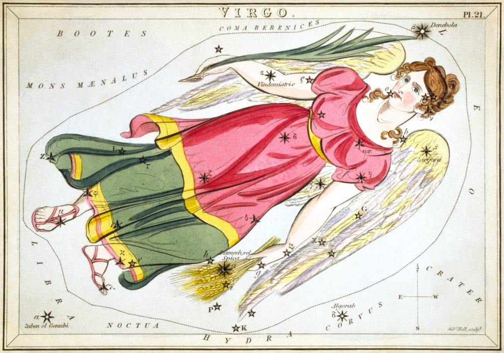 Virgo: hand-coloured constellation card, Urania's Mirror, 1824