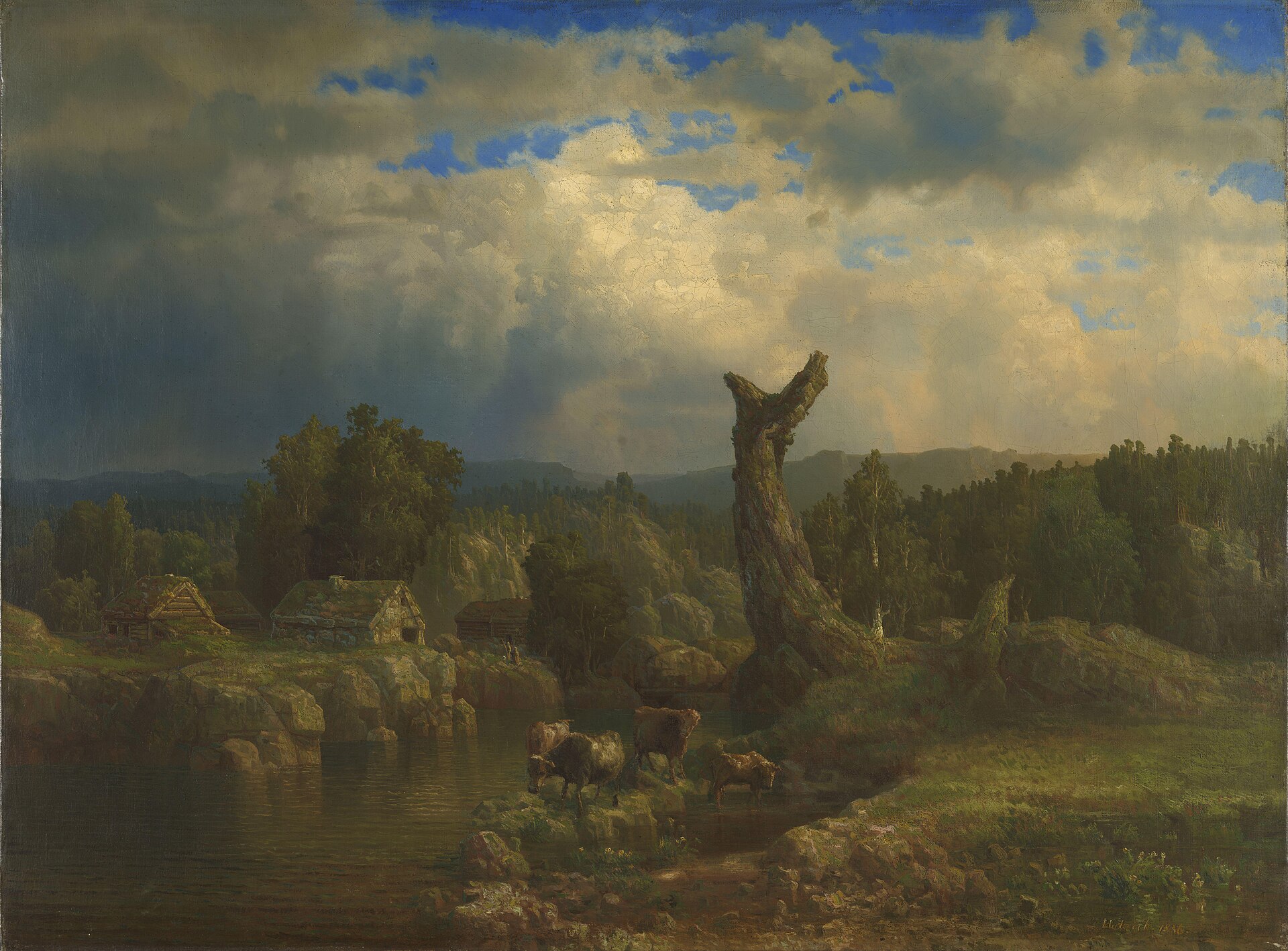 Summer Landscape, Thunder looms. Lars Hertervig, 1856. National Museum of Art, Architecture and Design. Public domain.