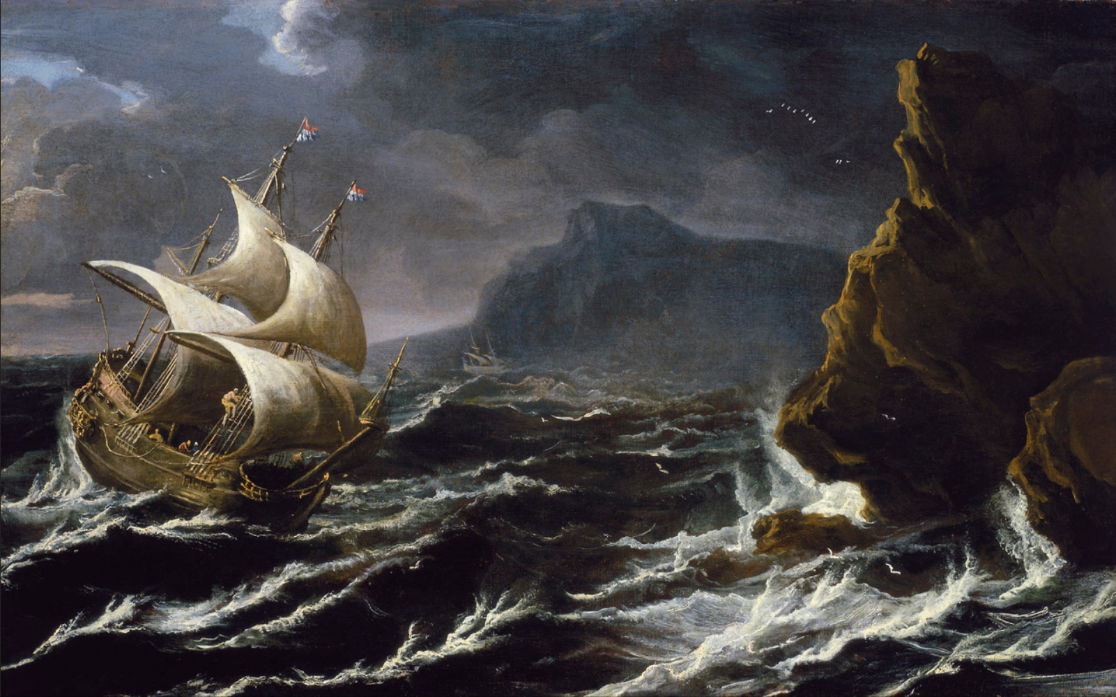 A Dutch Ship Running on to a Rocky Coast. Matthieu van Plattenberg, late 1640s. Wikimedia Commons. Public domain.