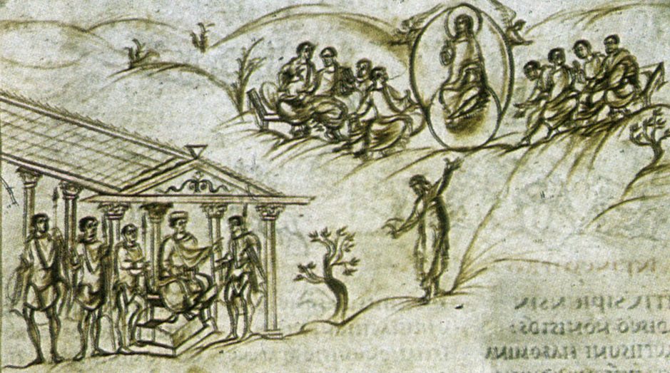 The Utrecht Psalter, the parchment folio carrying Psalm 119. Carolingian scriptorium at Hautvillers, c. 820-835. Utrecht University Library, MS Bibl. Rhenotraiectinae I Nr 32. Public domain.