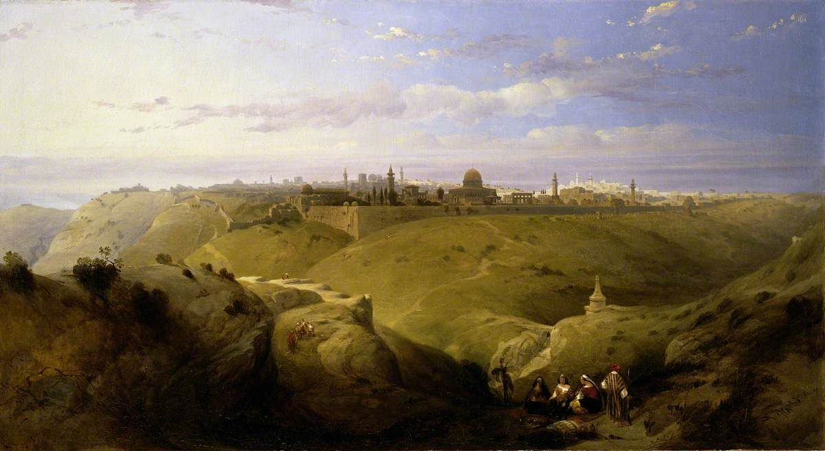 Jerusalem from the Mount of Olives with Pilgrims Entering from the River Jordan. David Roberts, 1841. Norfolk Museums Collections. Public domain.